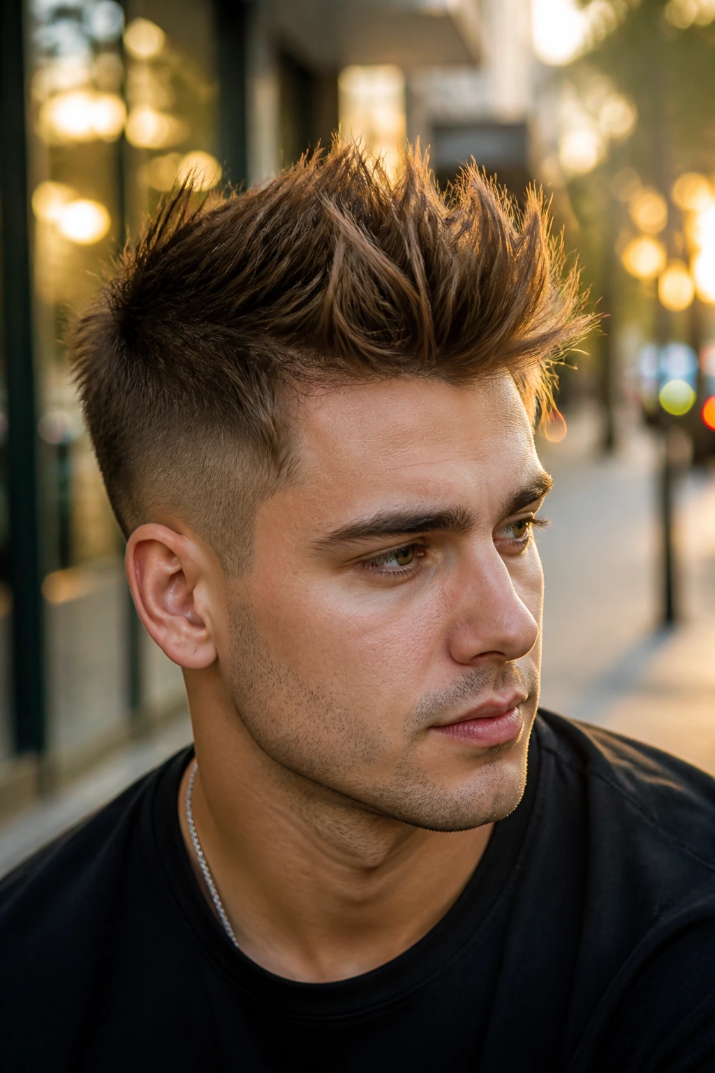 Close-up portrait of a real person with short sides and a long top with spikes in an urban setting