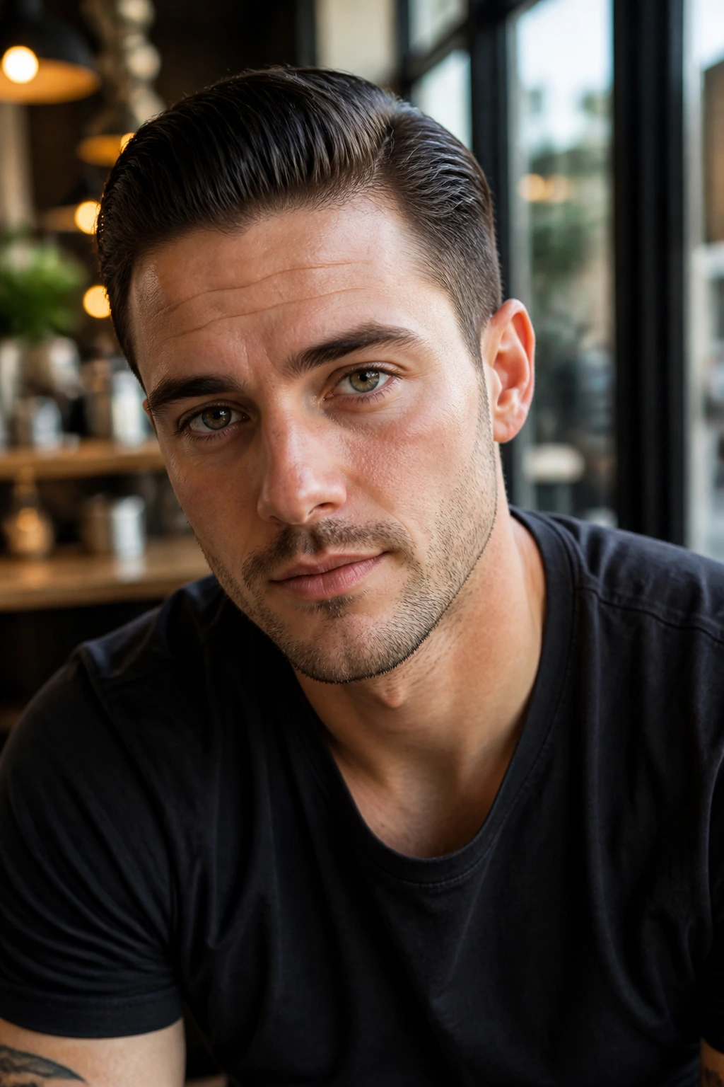 Close-up of a man with a short slick back and tapered sides in cafe light