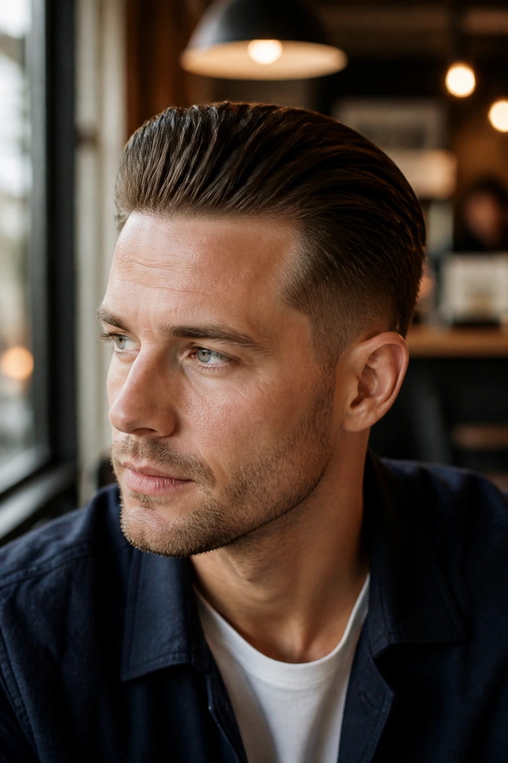 Close-up portrait of a man with Short Slick Back hairstyle in a cafe setting