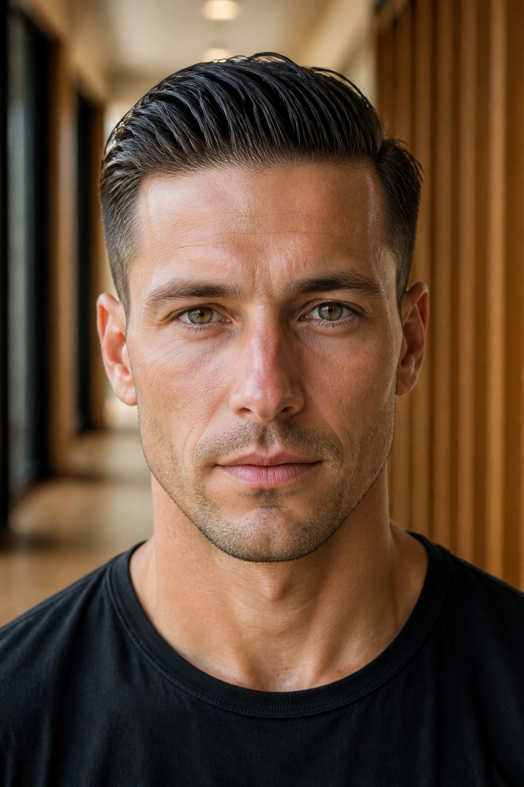 Close-up portrait of a man with a short slick back hairstyle in a warm interior