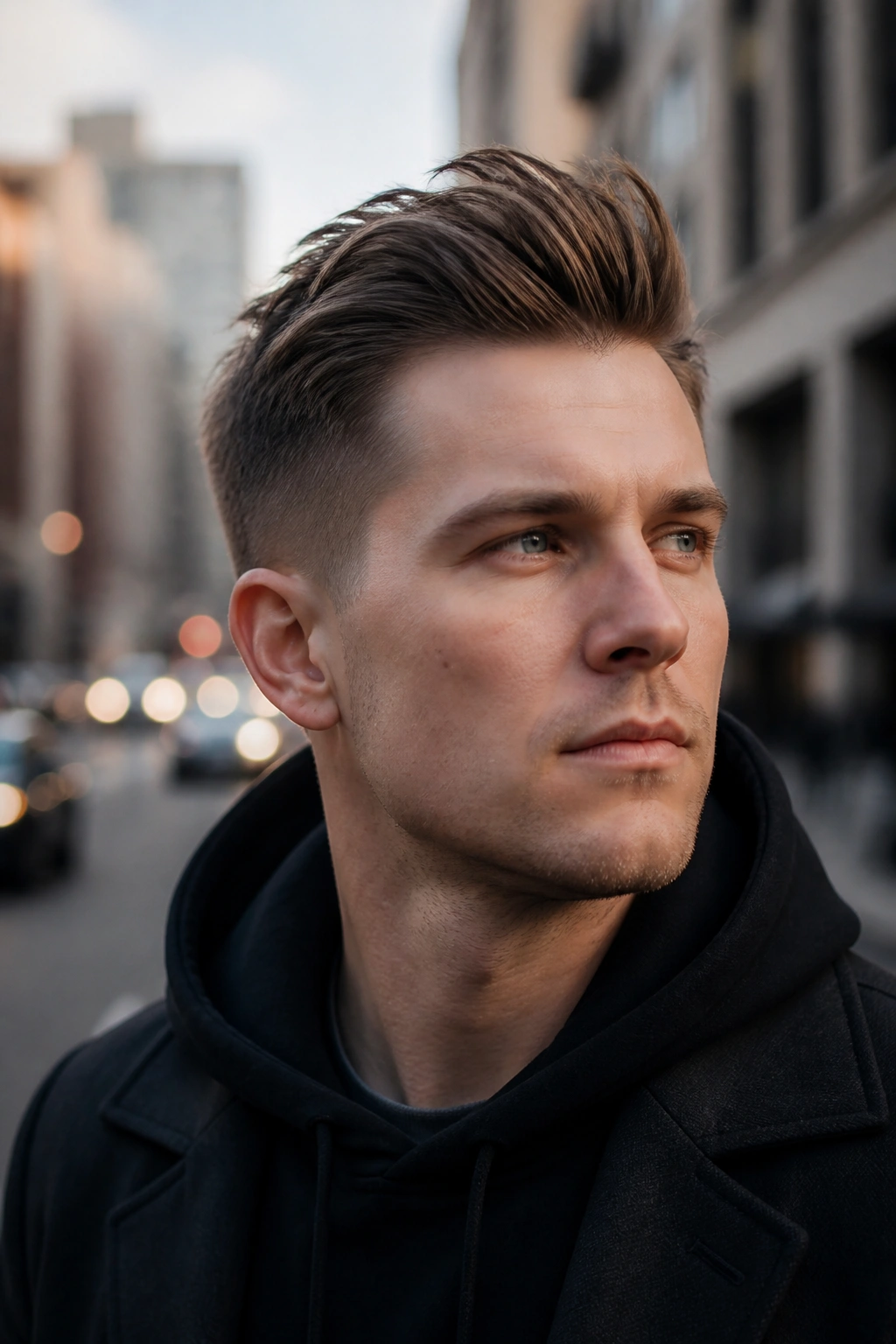 Close-up portrait of a real person with a short spiky cut swept back in daylight