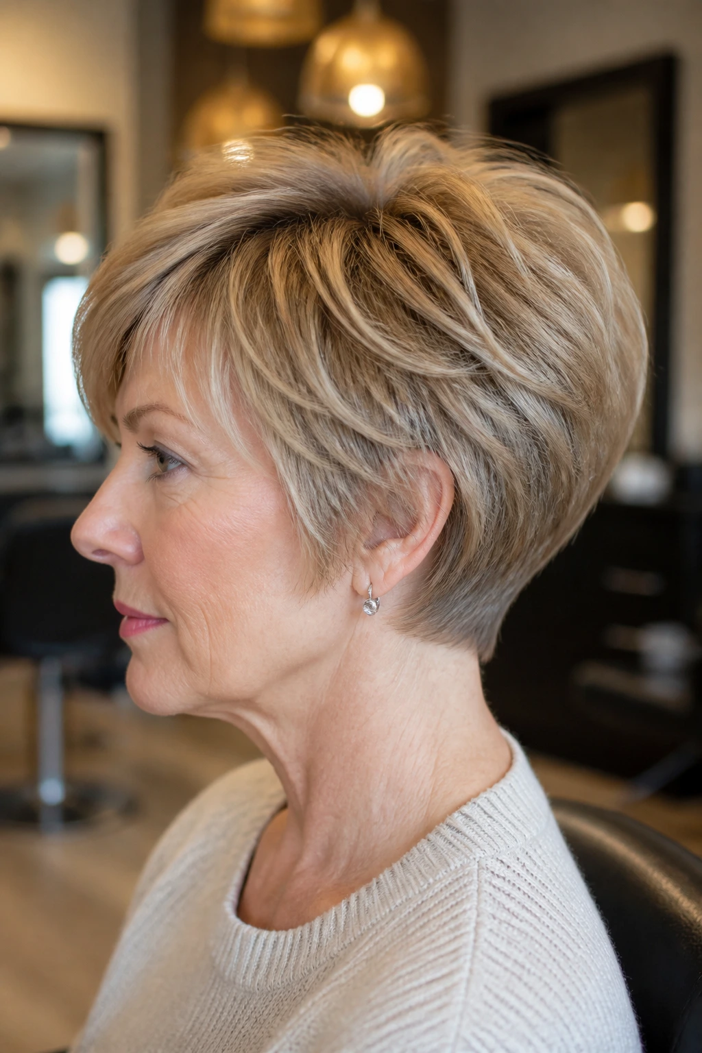 Profile portrait of a real woman with short stacked cut and soft crown lift in warm salon lighting