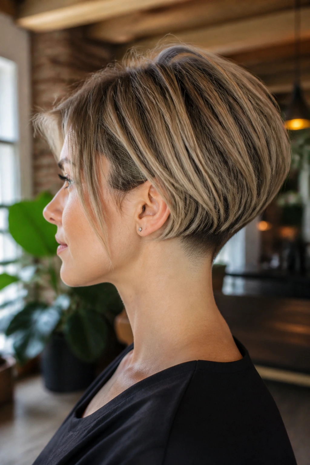 Side-profile of a real woman with short stacked bob and undercut at nape