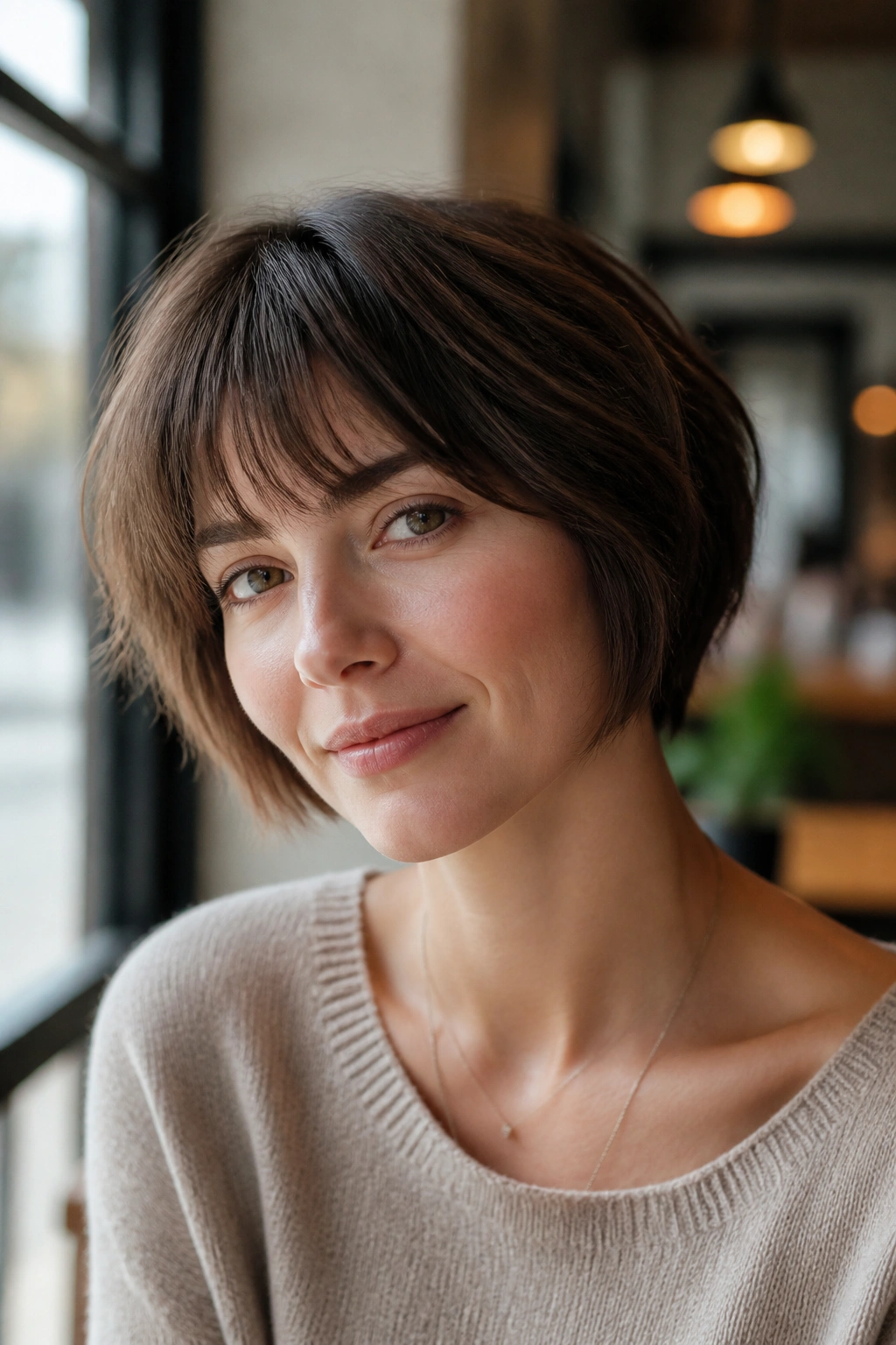 Close-up portrait of a real woman with short stacked bob and wispy fringe.