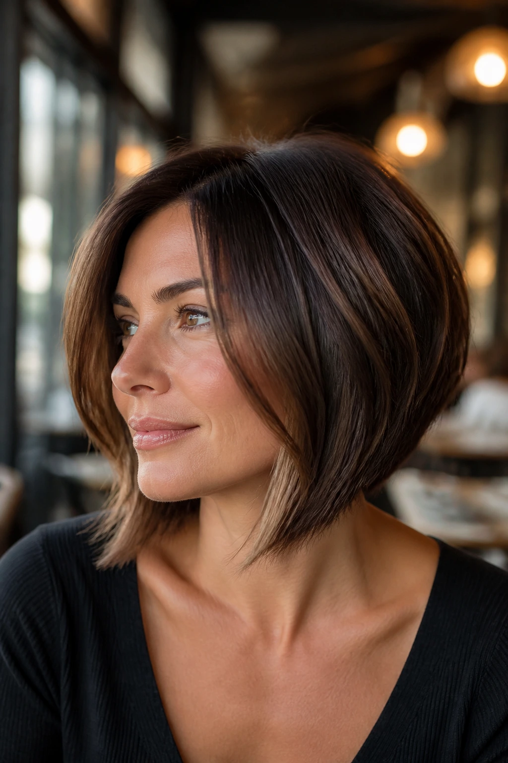 Close-up of a real woman with a short stacked lob hairstyle.