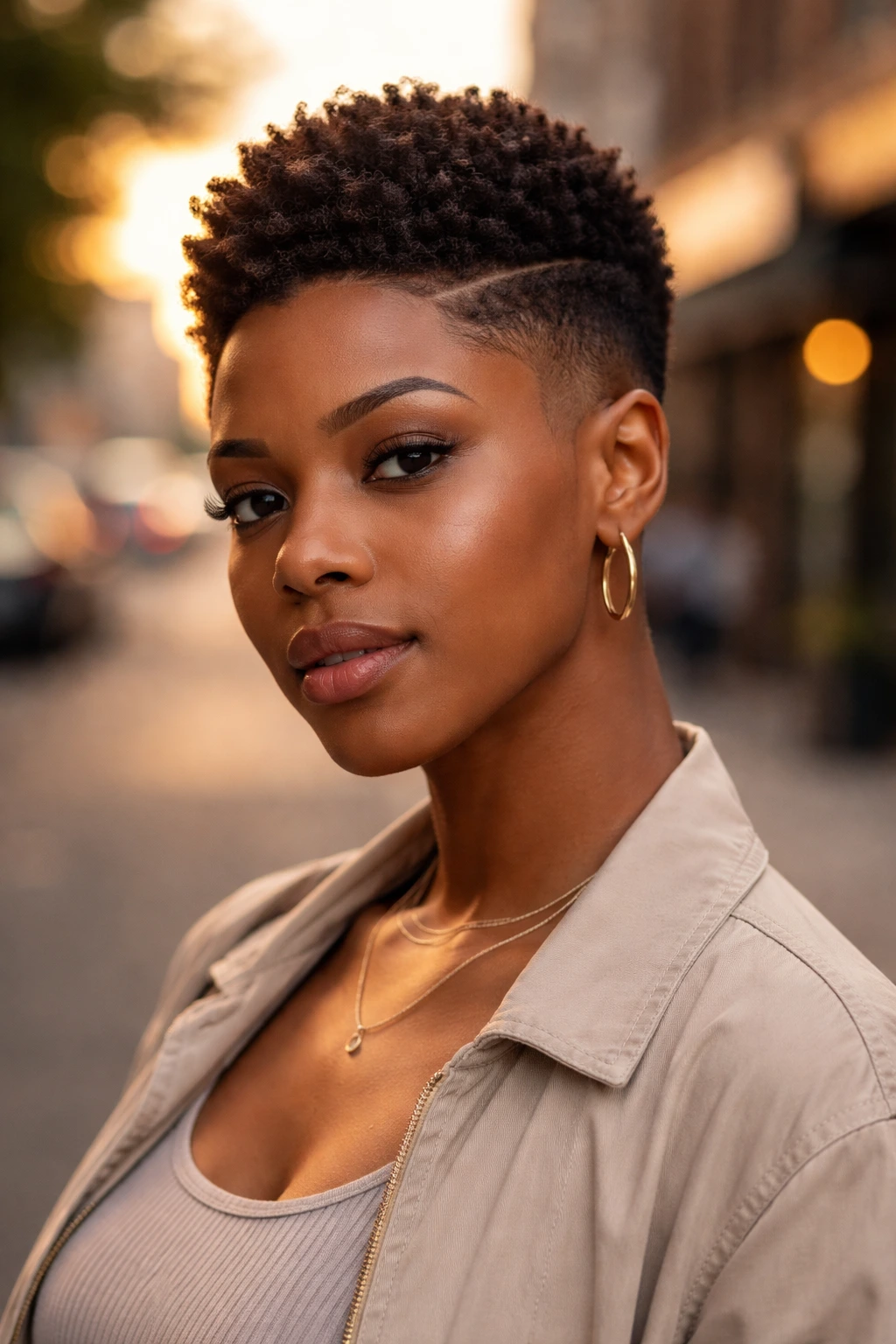Woman with short tapered cut on urban street at golden hour