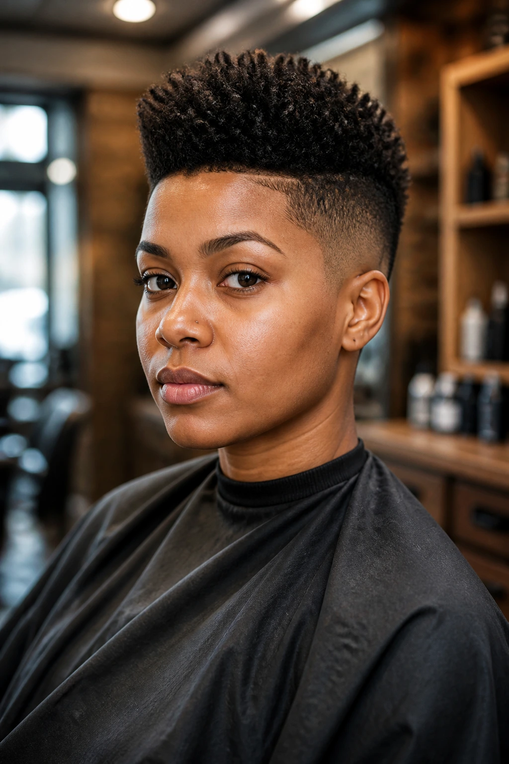 Close-up portrait of a person with short tapered frohawk