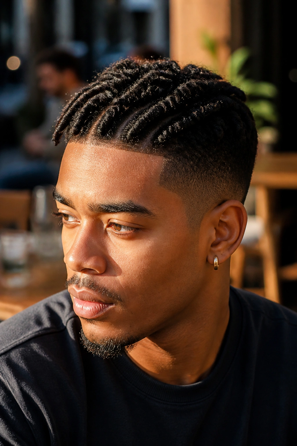 Portrait of a person with short tapered twists in an outdoor cafe