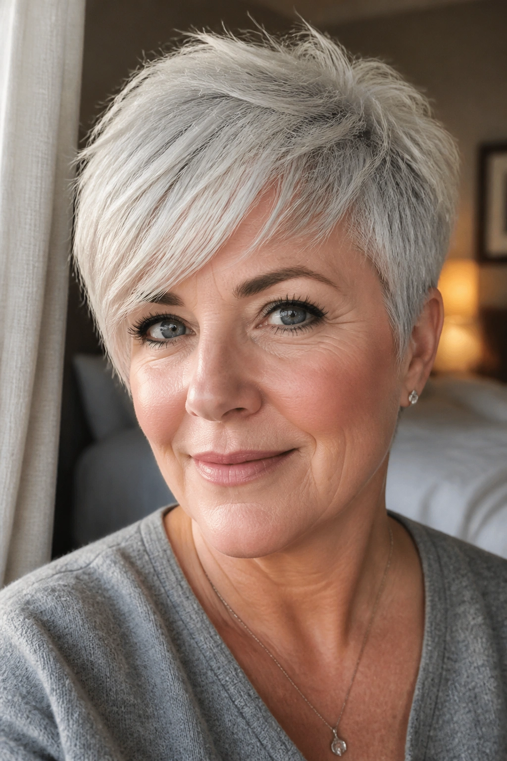 Close-up portrait of a real person with a silver short textured crop and side-swept fringe