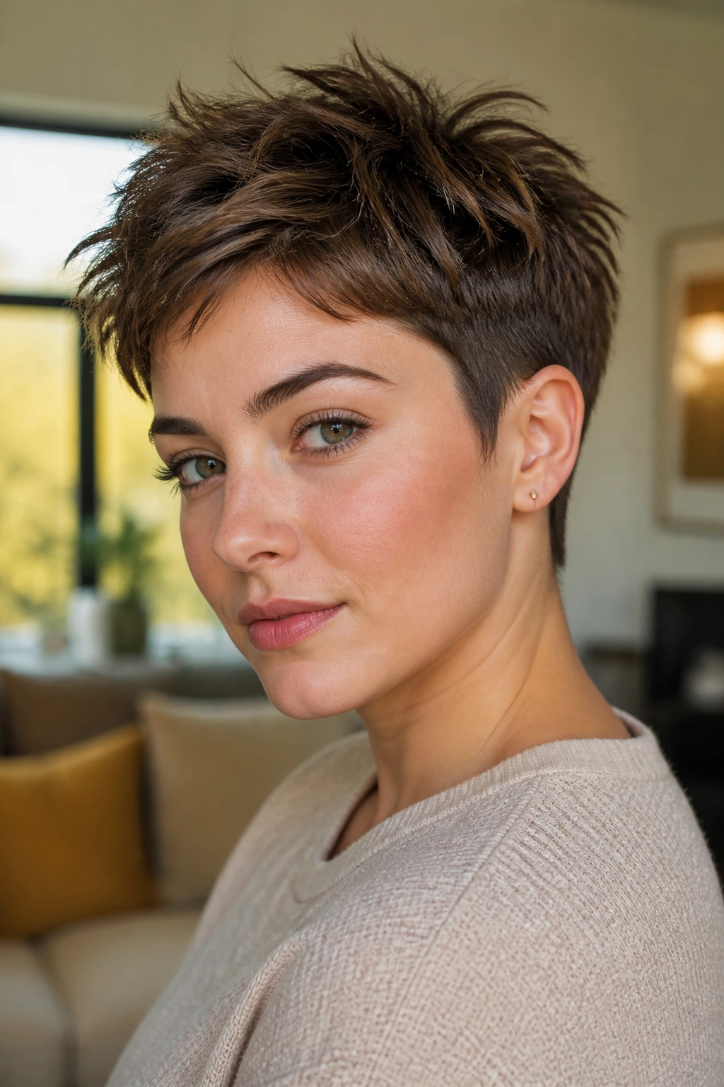 Close-up portrait of a woman with a short textured crop and tucked sides, soft window light.