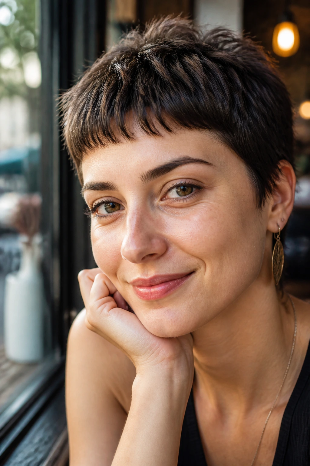 Close-up portrait of a real woman with short textured fringe in natural morning light