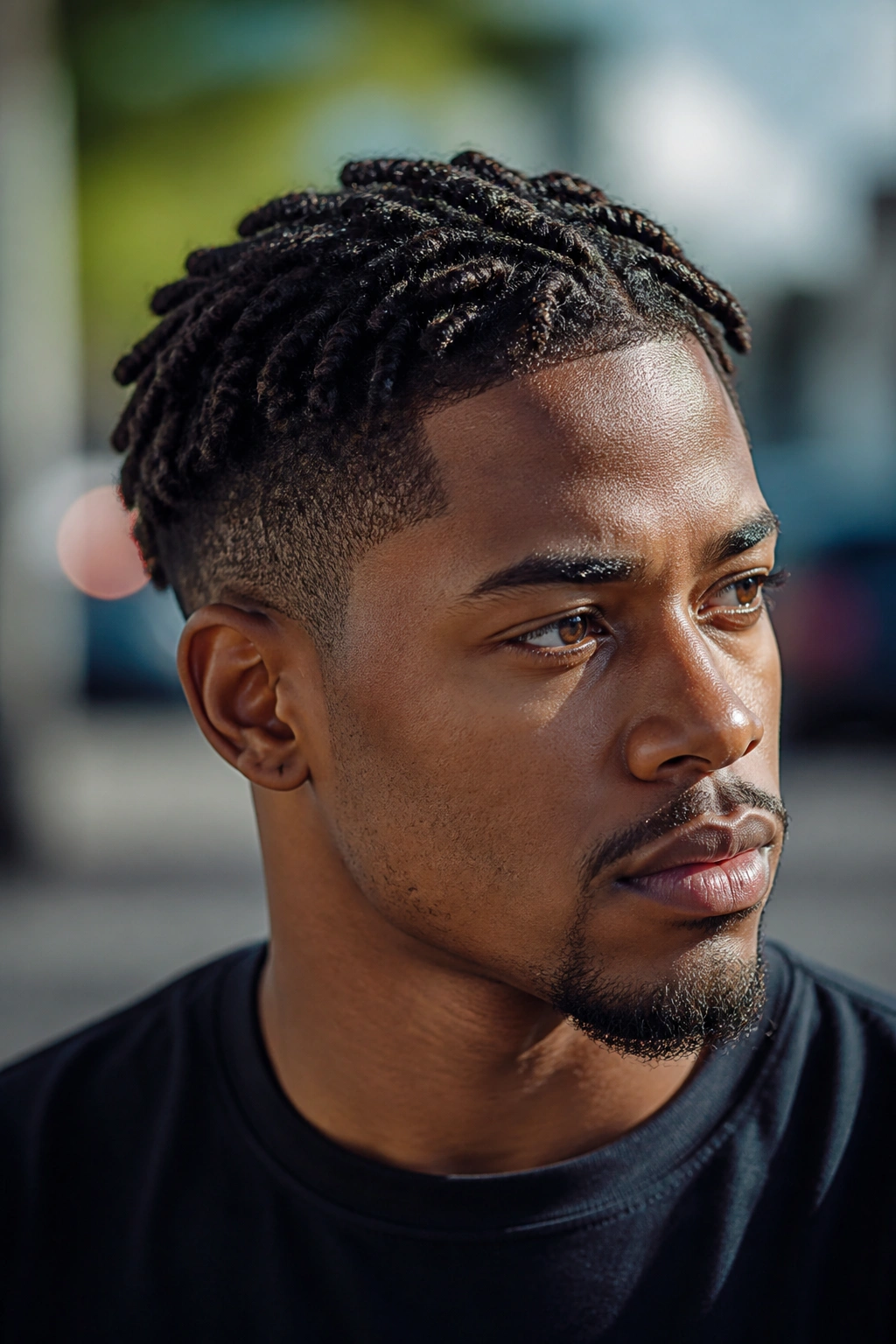 Close-up portrait of a man with short two-strand twists and tapered sides, urban light