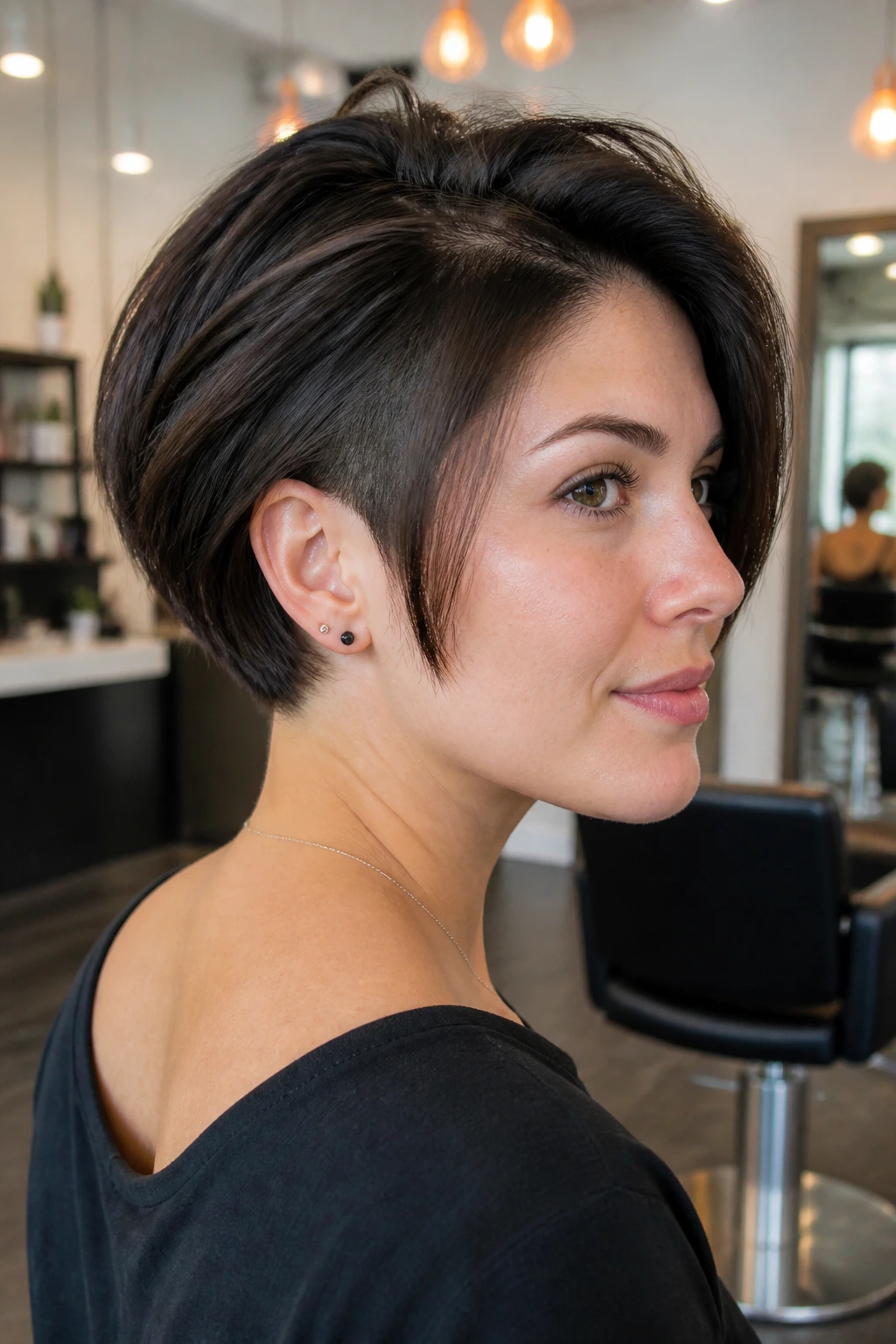 Close-up of a real person with short undercut bob showing shaved nape and soft top layer, in a salon setting
