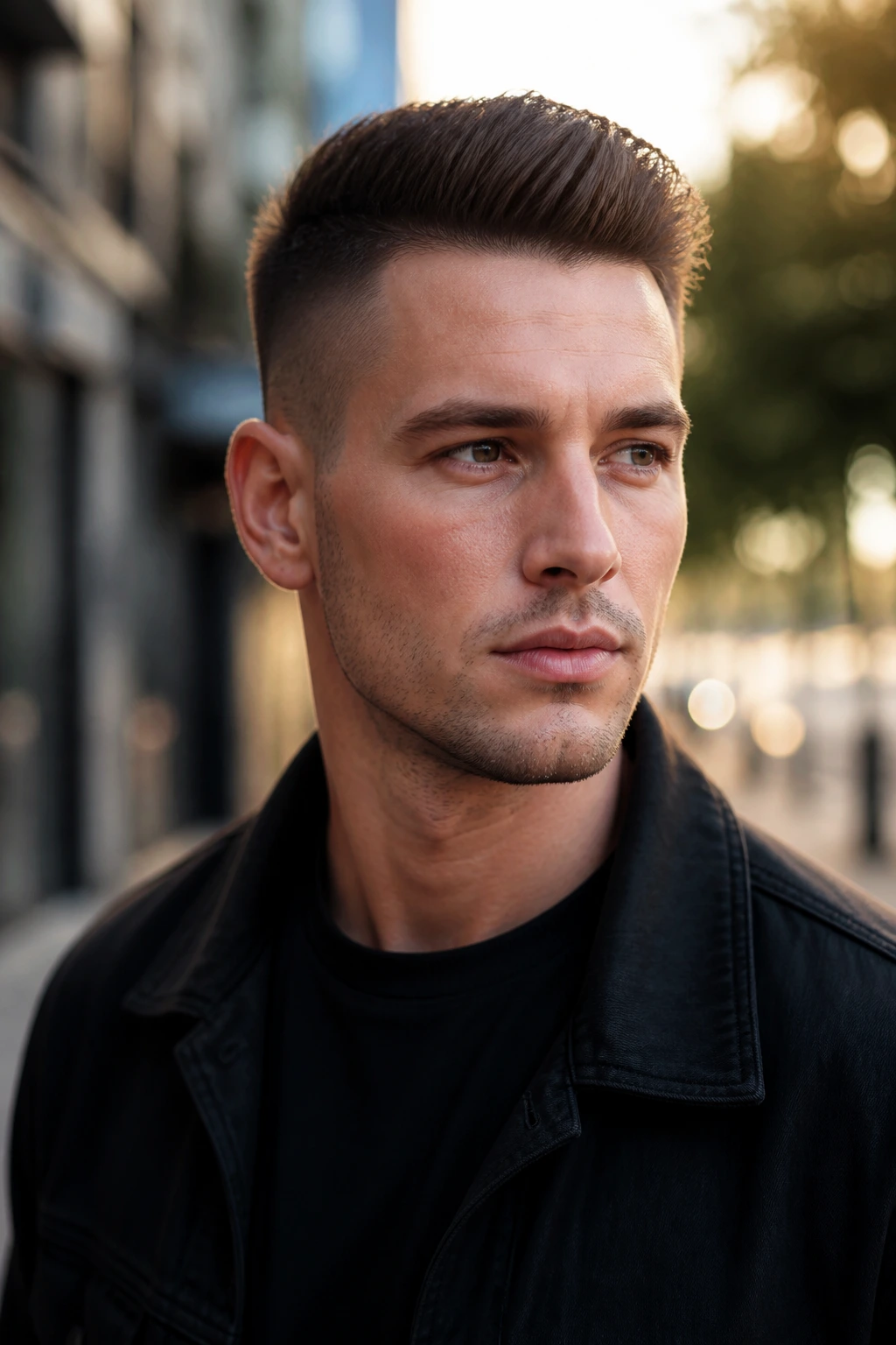 Close-up portrait of a man with a short undercut in a pensive mood on a sidewalk