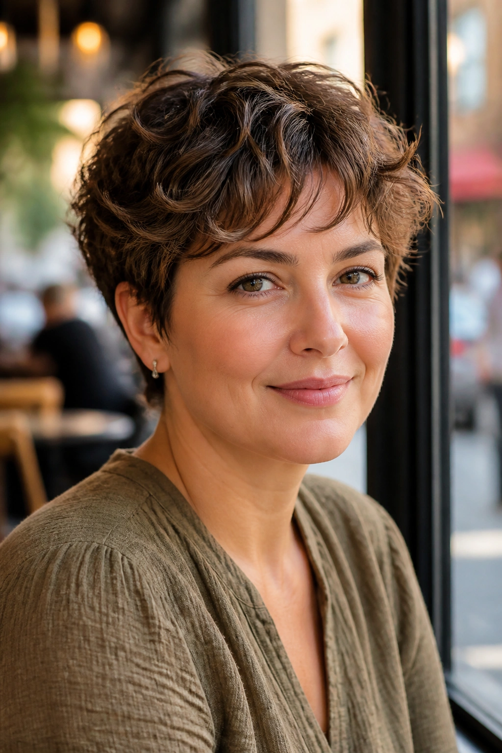 Close-up portrait of a real woman with a soft airy short wavy pixie for round faces in a sunlit cafe