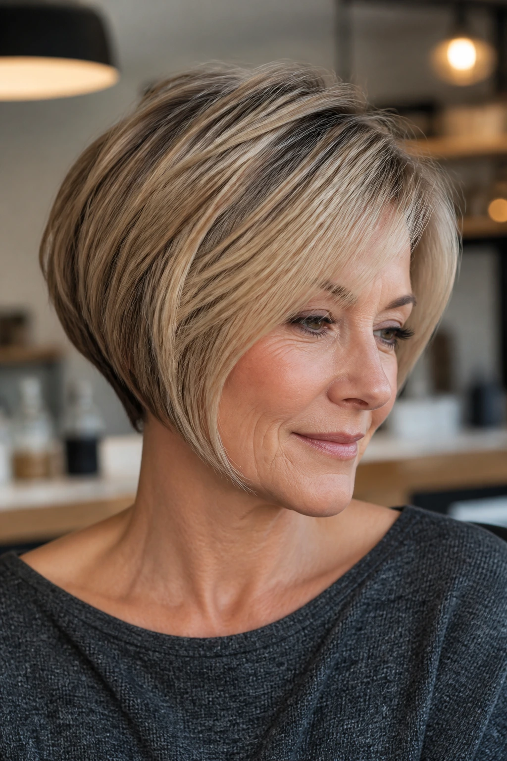 Close-up portrait of a real woman with wedge bob in bright cafe interior