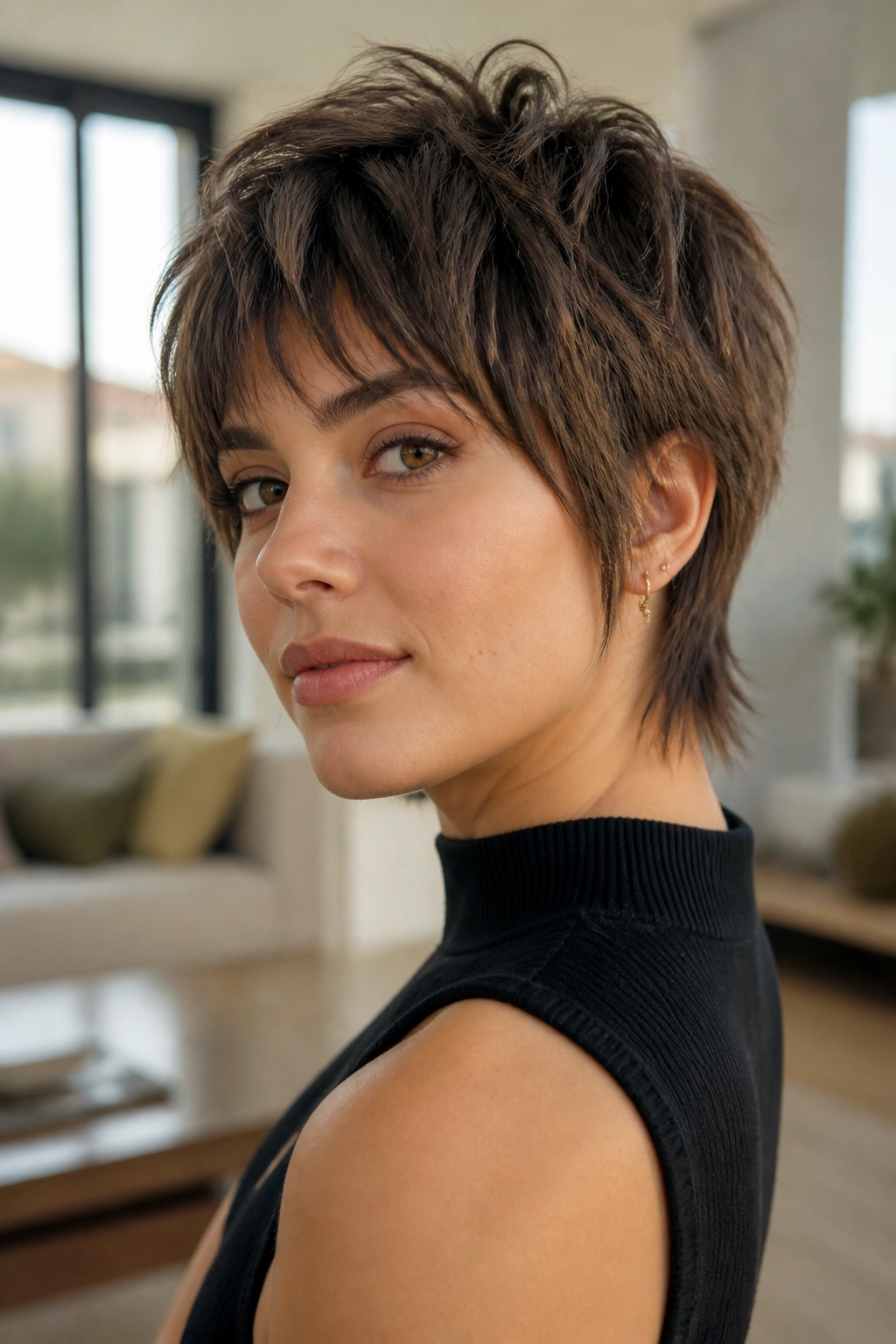 Portrait of a real person with a short wolf cut in natural light