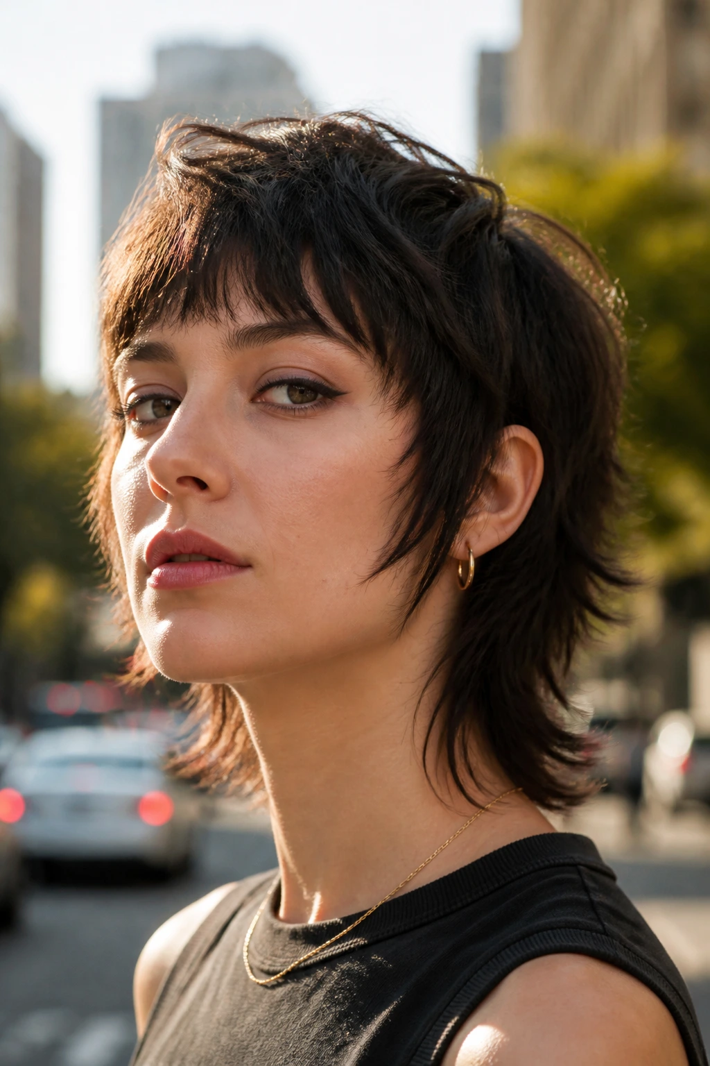 Short wolf cut hairstyle on real person, edgy layered crown