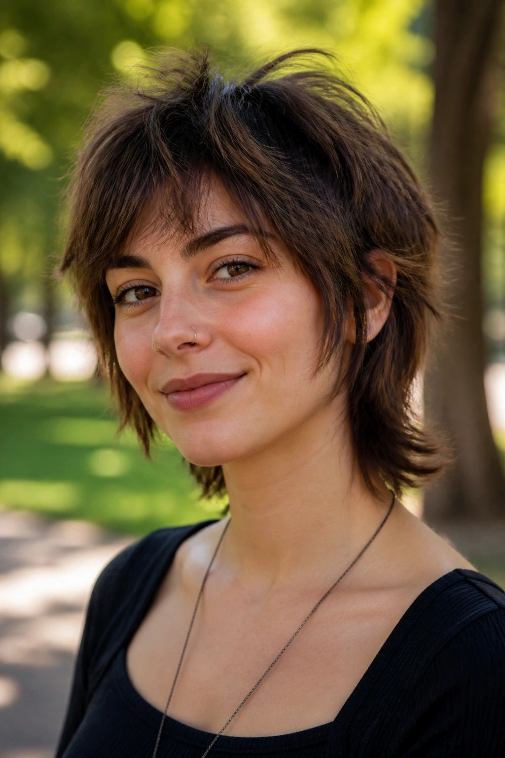 Close-up of a real person with a short wolf cut and airy layers in a park