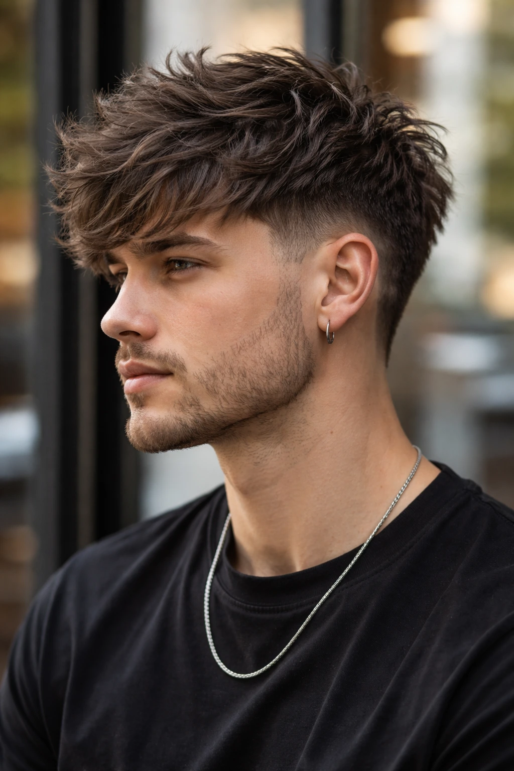 Portrait of man with short wolf cut and taper fade, voluminous top and faded sides