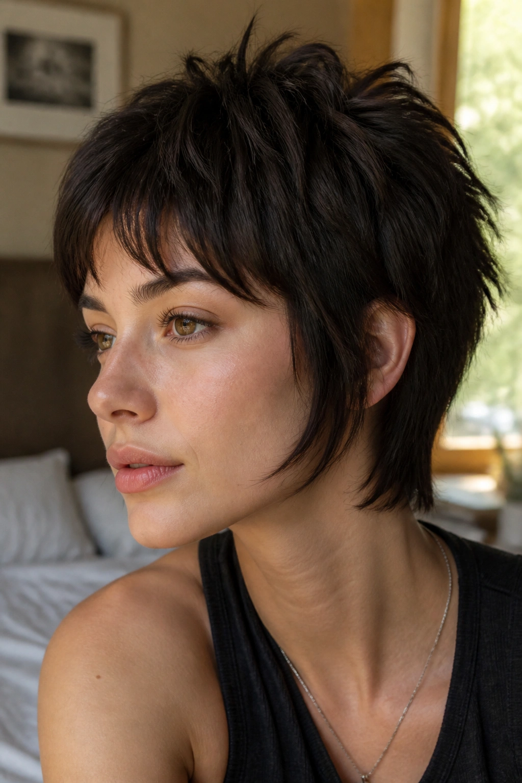 Close-up portrait of a real person with jawline-grazing short wolf cut in warm bedroom light