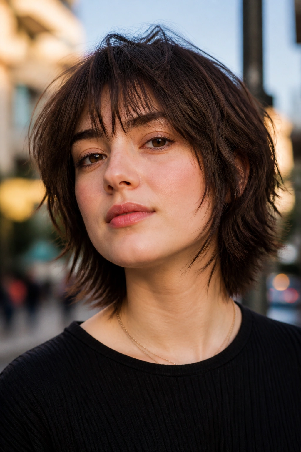 Portrait of a woman with a short wolf cut showing height at the crown and wispy fringe.