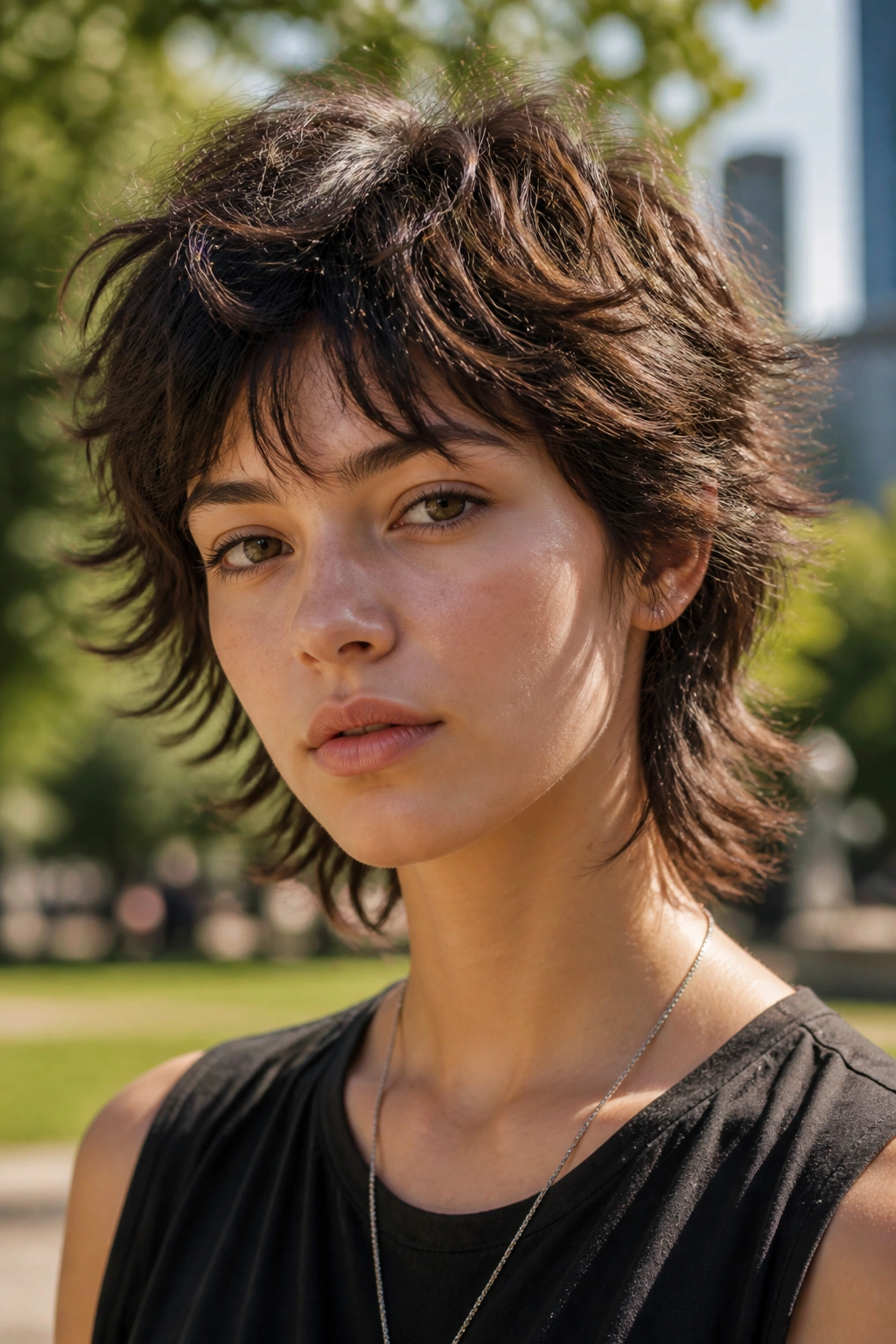 Close-up portrait of a girl with a short wolf cut hairstyle in natural park light