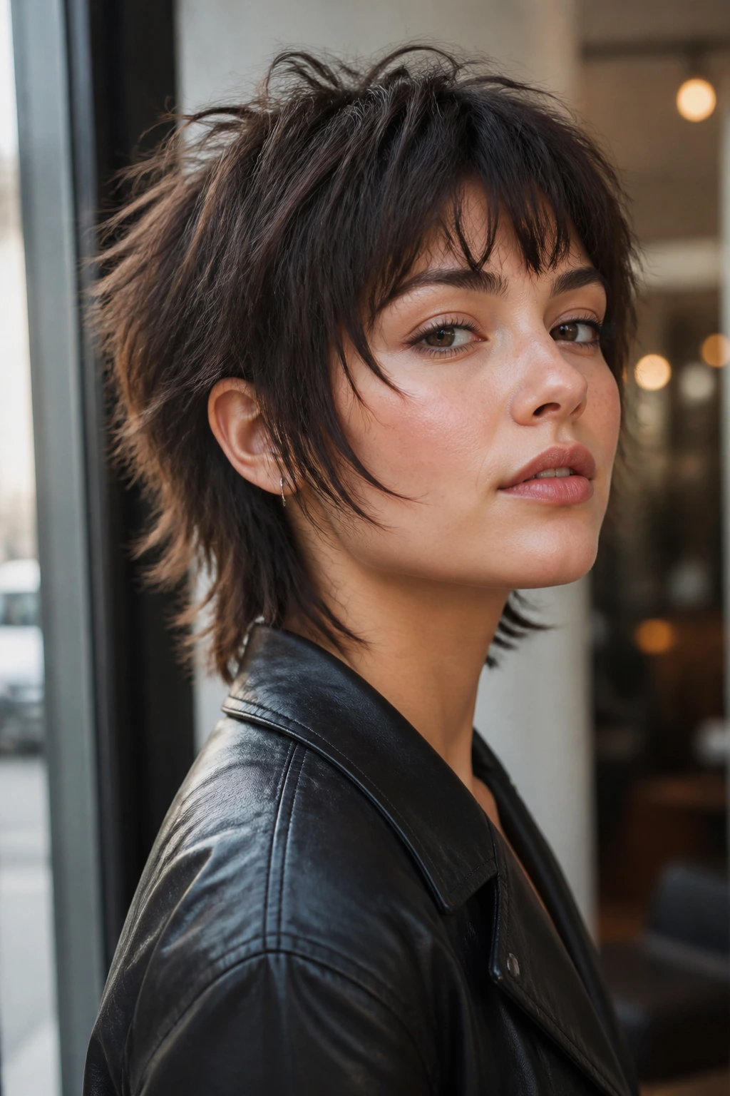 Real person wearing a short wolf cut with feathered face-framing pieces