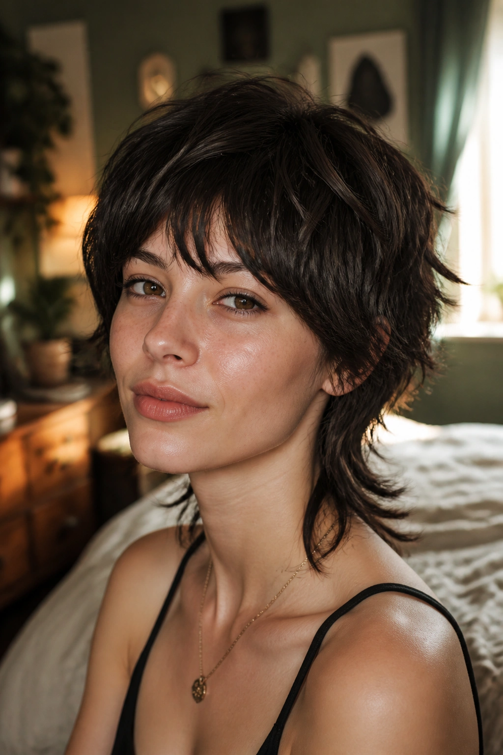 Portrait of a real woman with a short wolf cut shag in a cozy bedroom