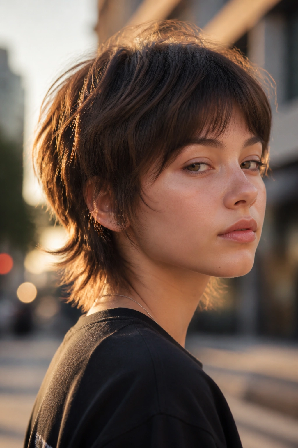 Portrait of a girl with a short wolf cut and soft layers