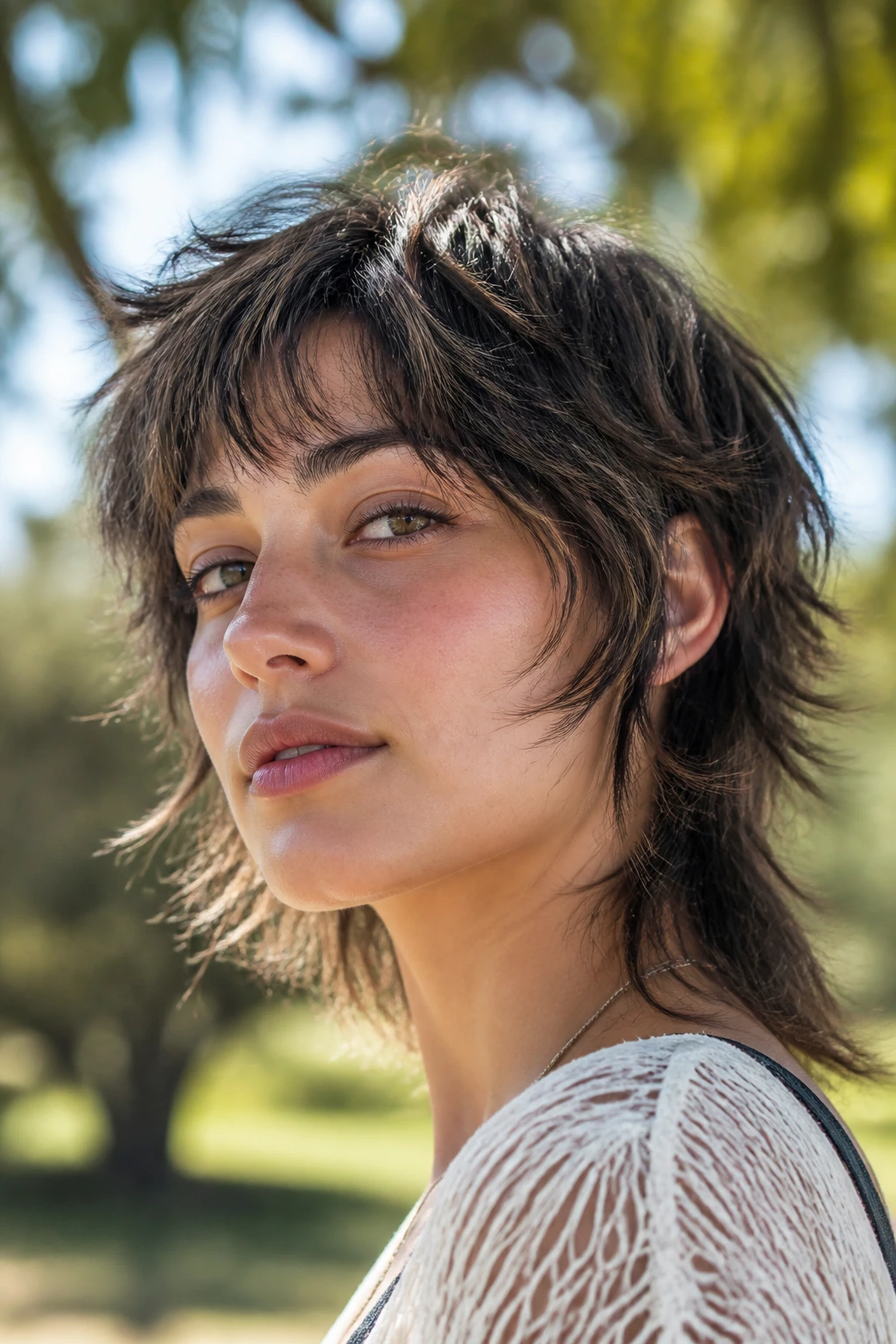 Woman with short wolf cut and soft mullet silhouette outdoors