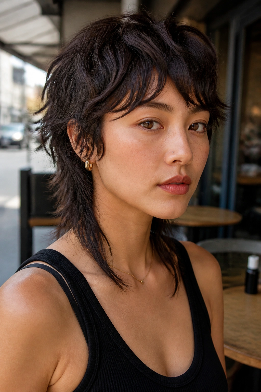 Close-up of real person with Short Wolf Cut With Uneven Layers highlighting crown lift