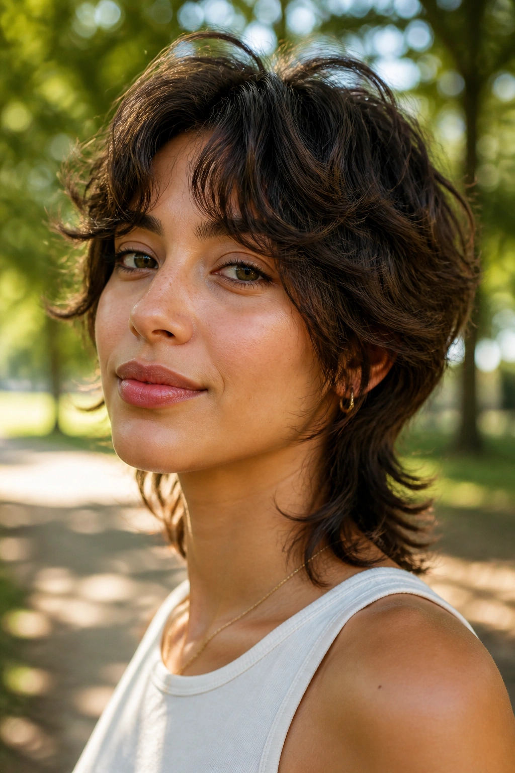 Close-up of a person with a short wolf cut on wavy hair.