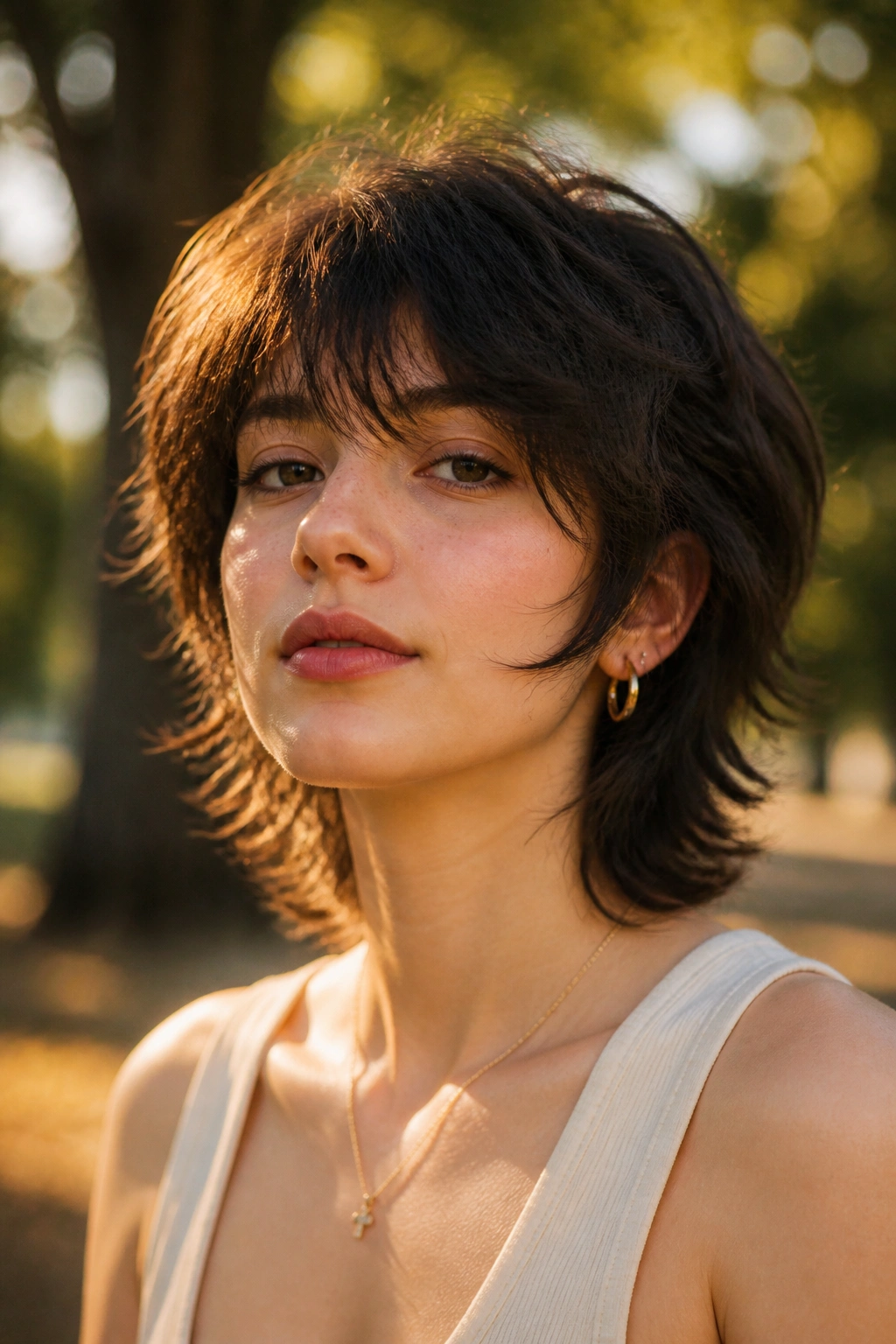 Close-up portrait of a real person with a short wolf cut with soft layers