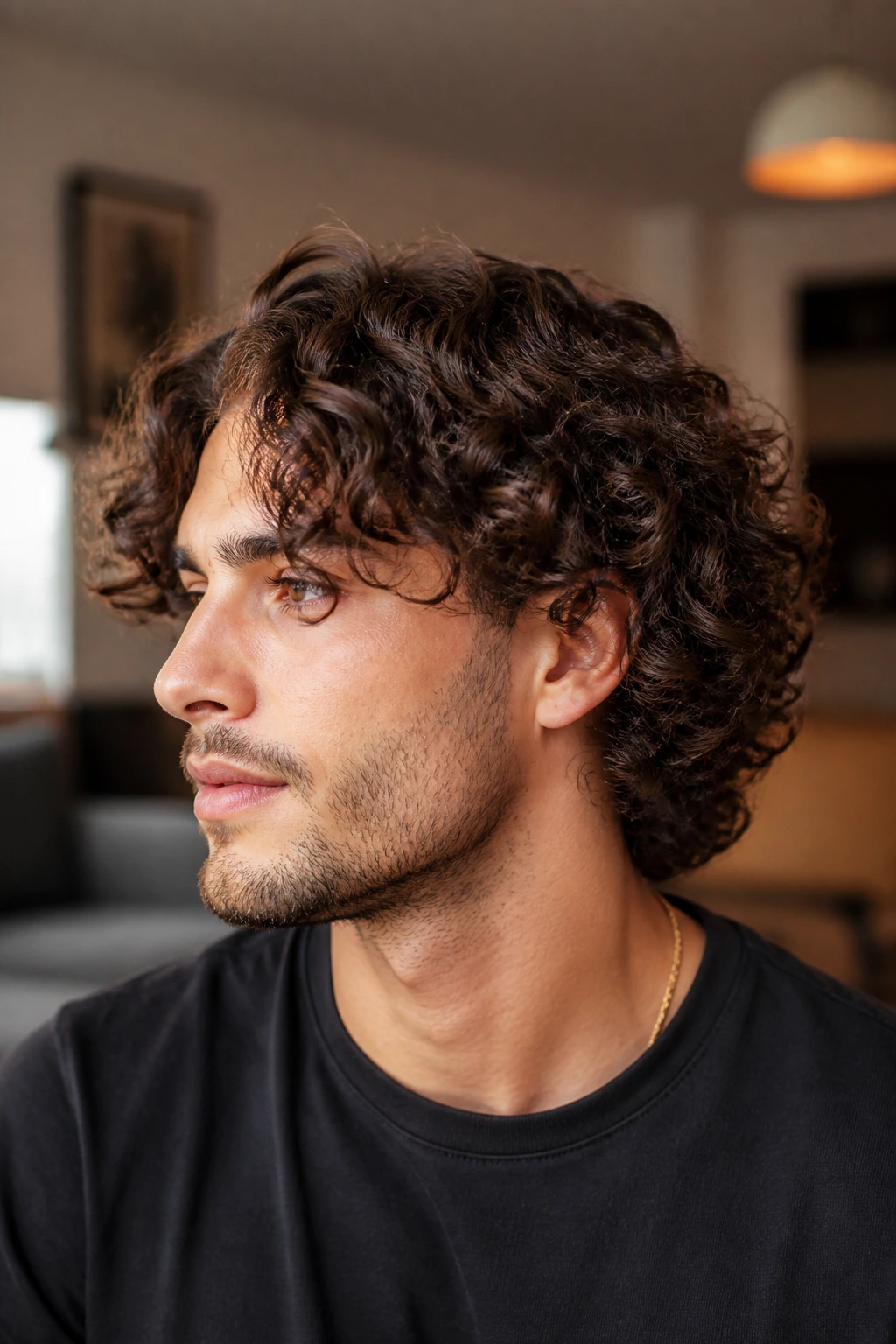 Close-up of a real man with shoulder-length curls and taper in window light.