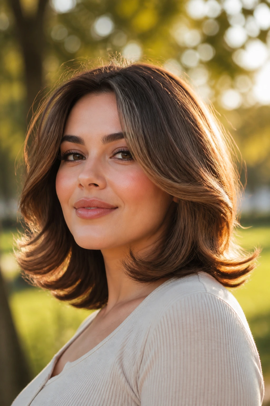 Close-up of a real woman with a shoulder-length bouncy flip and feathered ends