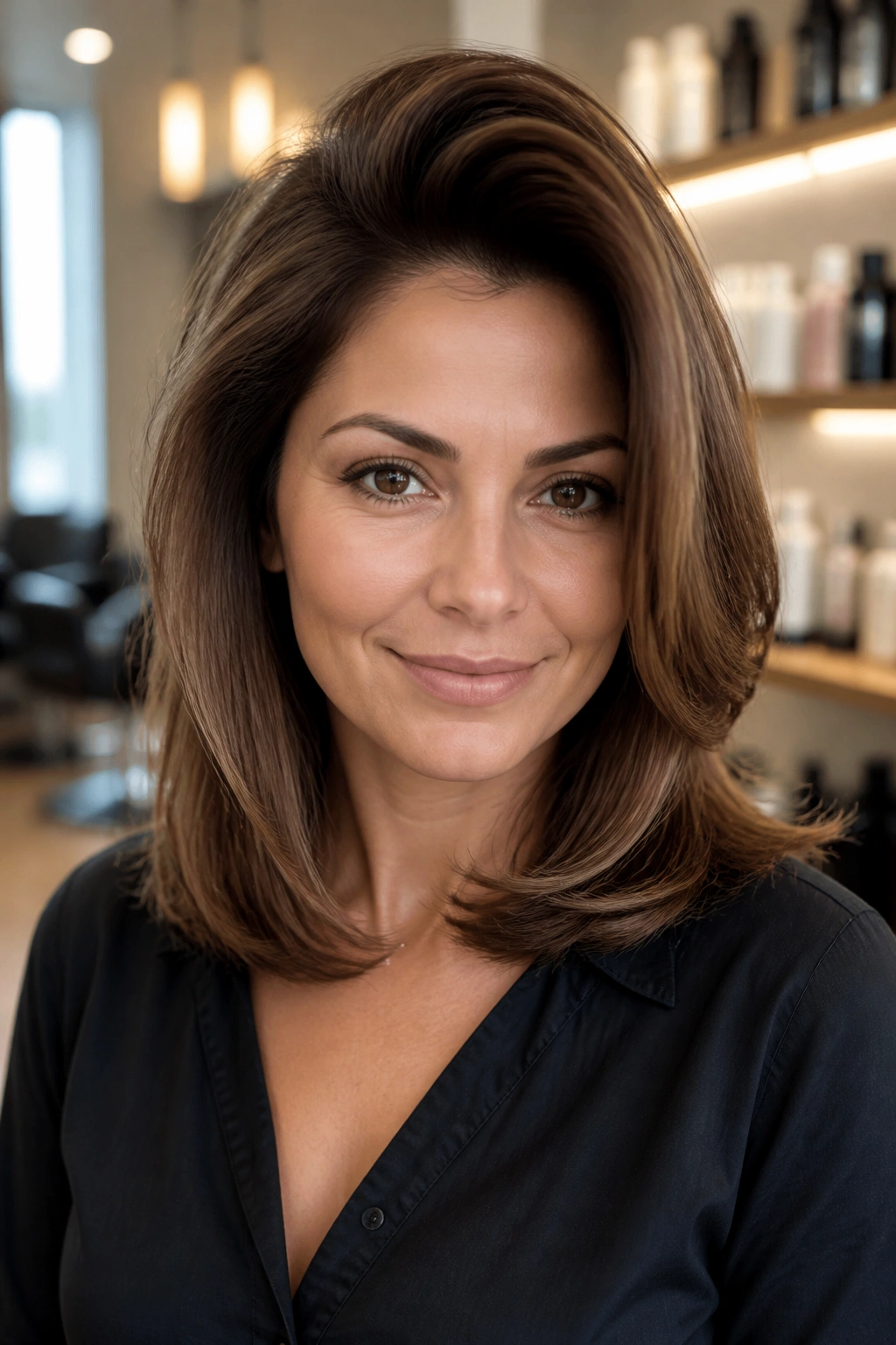 Close-up of a real woman with a shoulder-grazing blowout and crown volume in a salon.