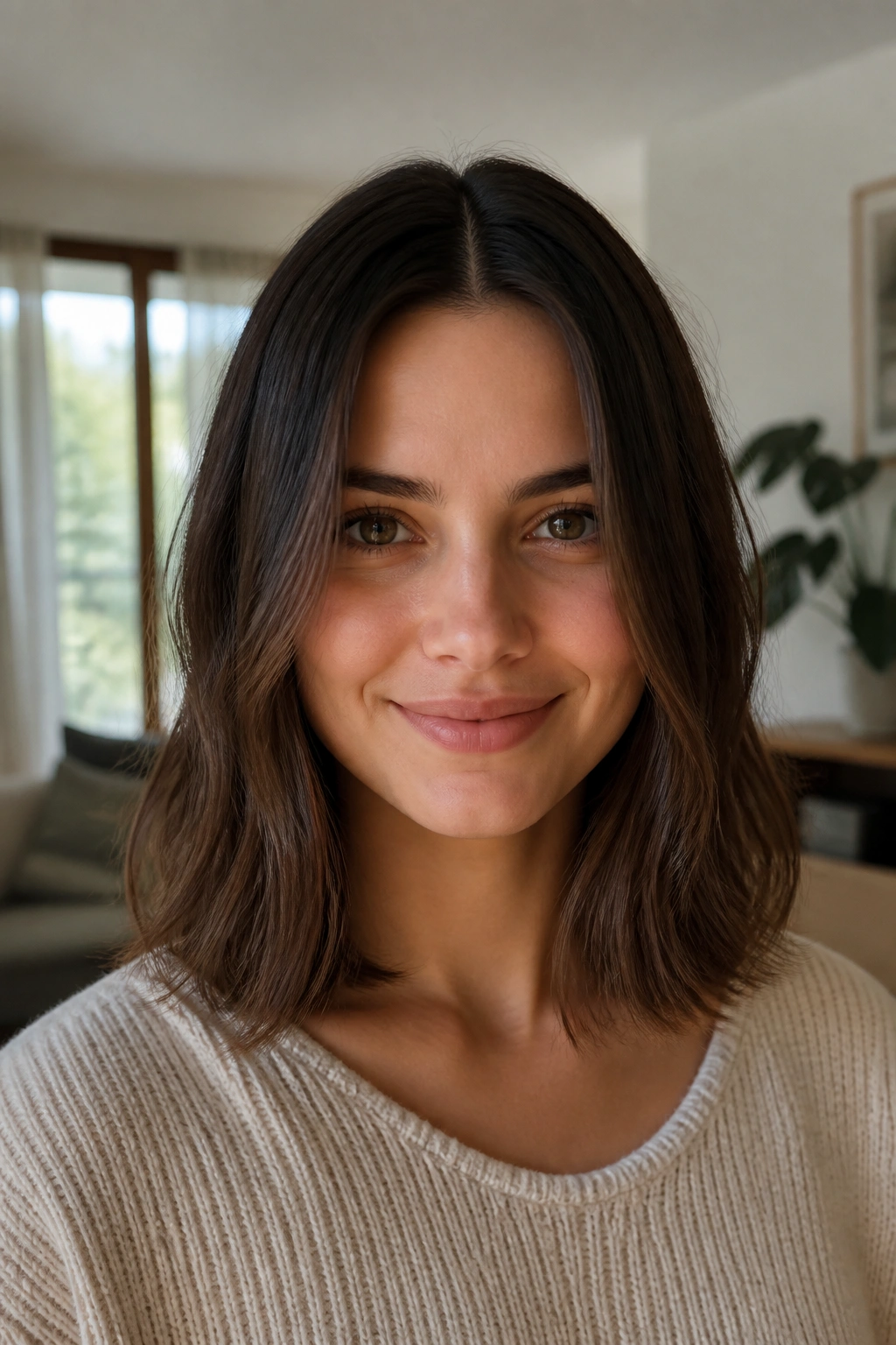 Close-up portrait of a real woman with shoulder-grazing hair and center part