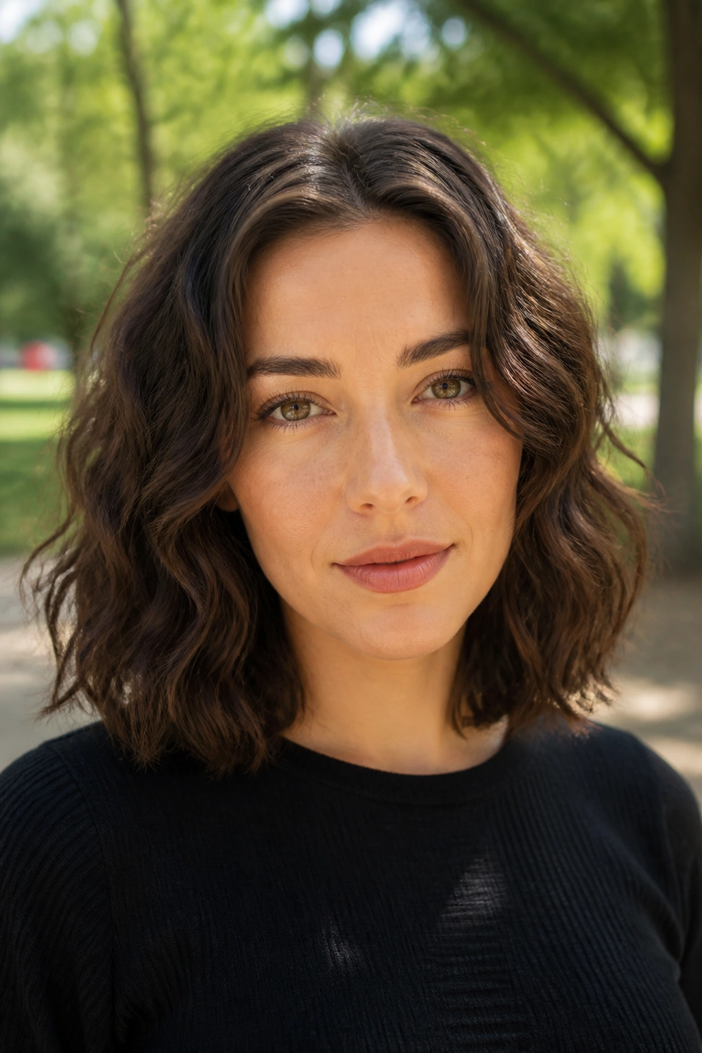Close-up of a real woman with a shoulder-grazing chop and soft waves in daylight