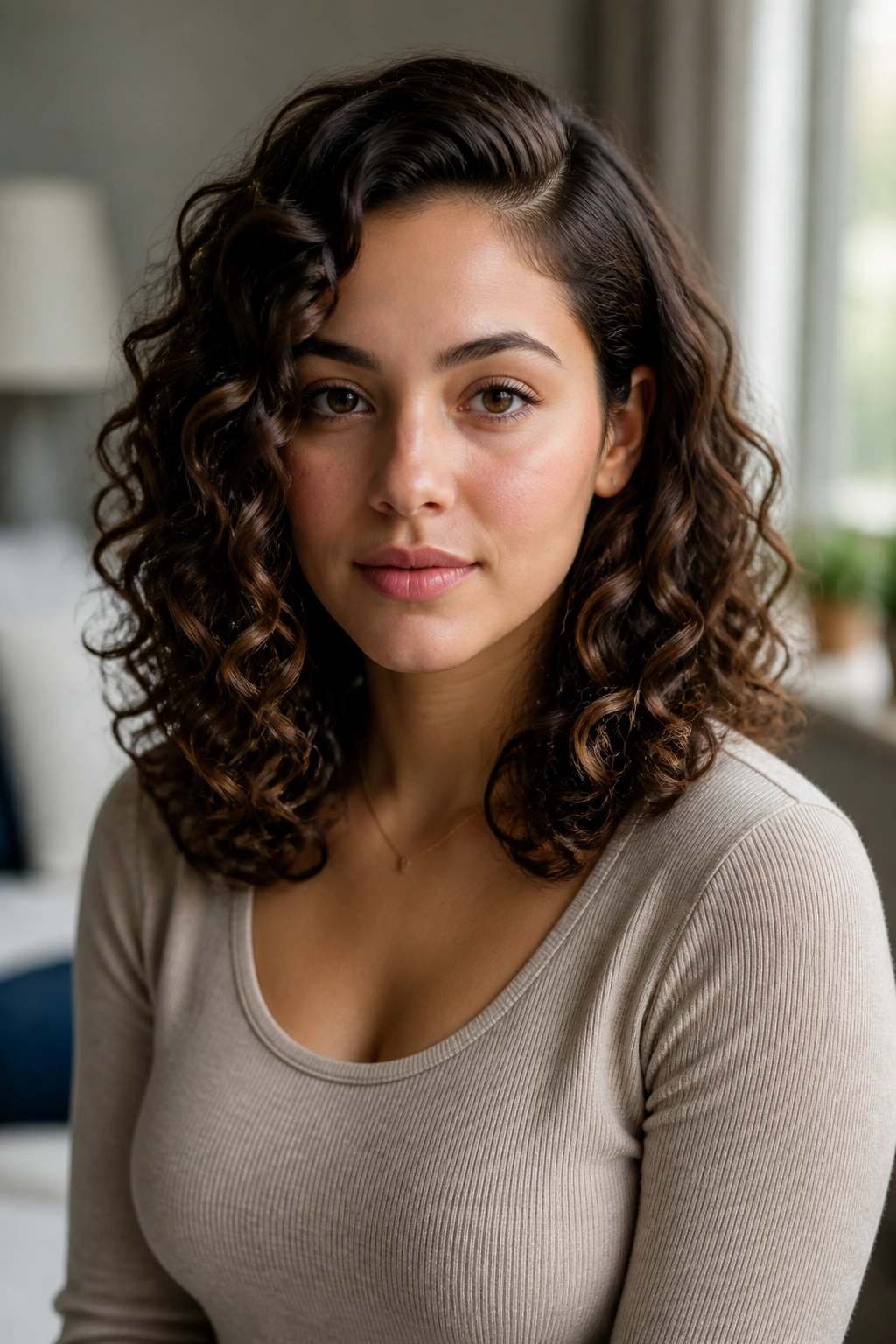 Close-up portrait of shoulder-grazing curls with a deep side part on a real person in warm window light