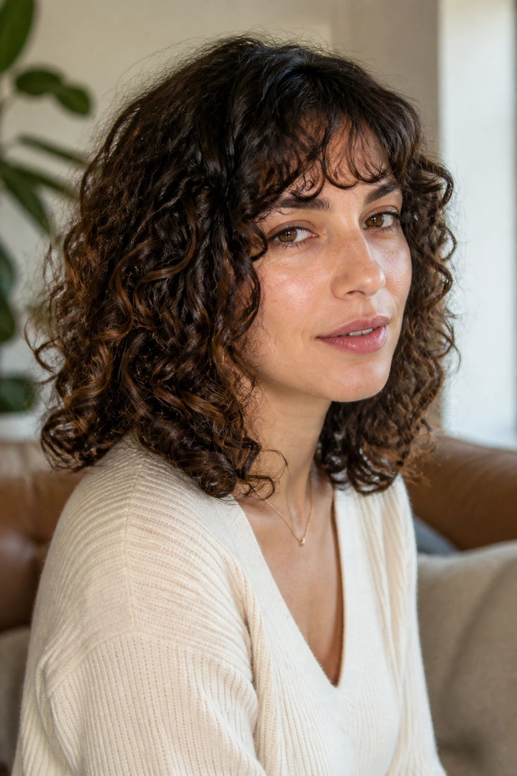 Close-up of a real woman with shoulder-grazing curls and defined ends
