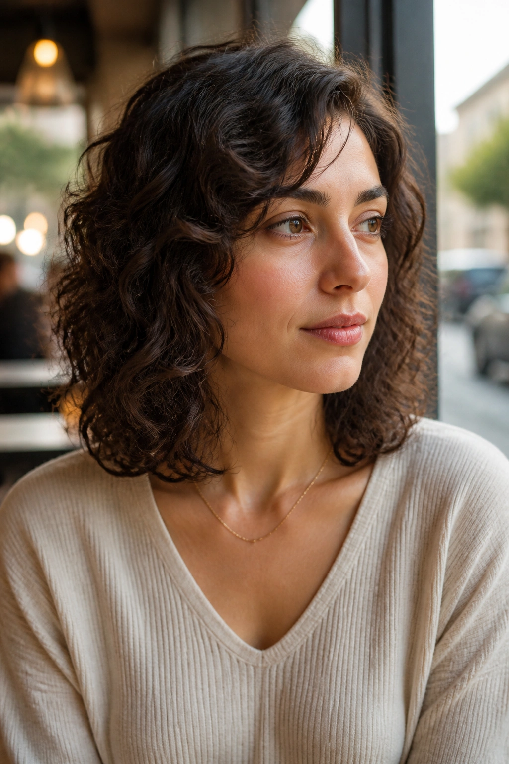 Portrait of a woman with shoulder-grazing curly lob near the collarbone in daylight