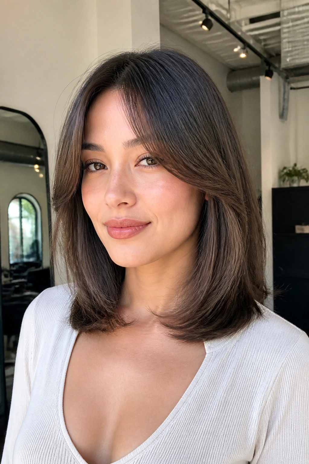 Close-up portrait of a real woman with Shoulder-Grazing Cut With Curtain Bangs, curtain bangs and shoulder-length hair.