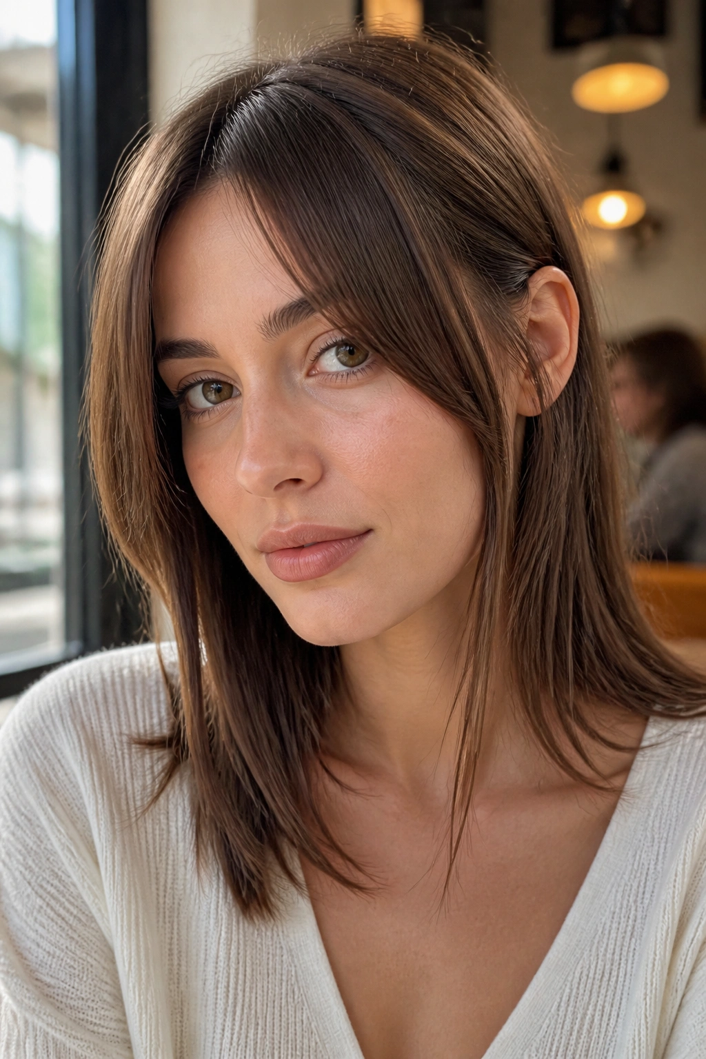 Close-up portrait of a real woman with shoulder-grazing curtain bangs and long front pieces in a cafe-like setting