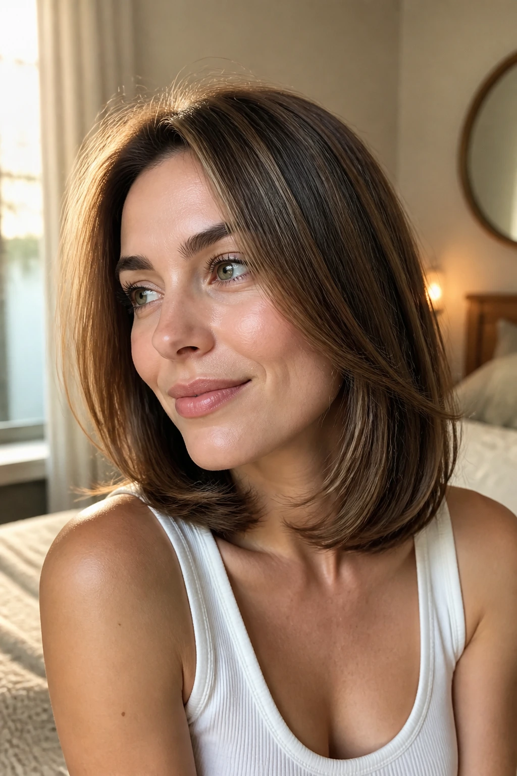 Close-up of a real person with a shoulder-grazing cut featuring rounded ends.