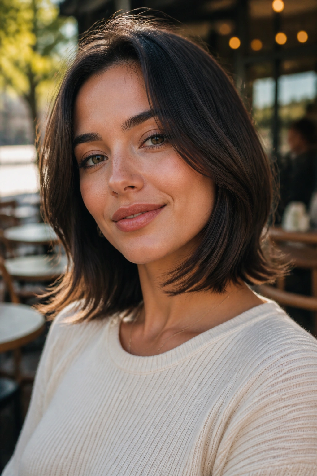 Close-up portrait of a real woman with a shoulder-grazing flip hairstyle