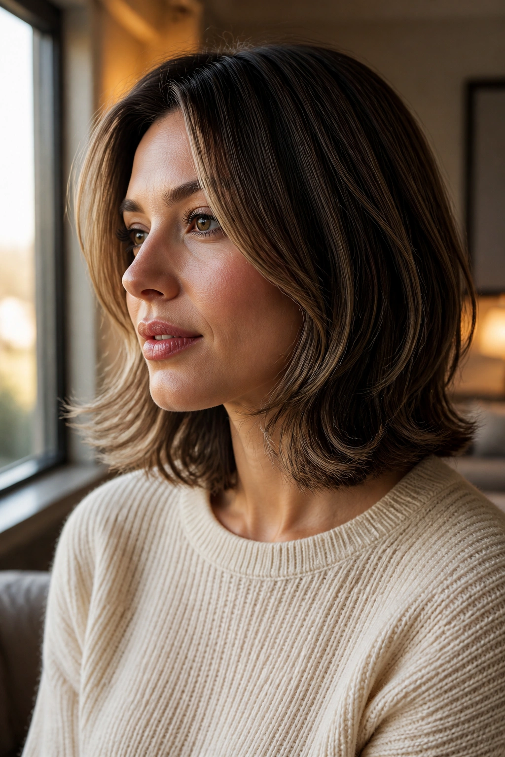 Close-up of a real woman with shoulder-length hair and flipped-out ends