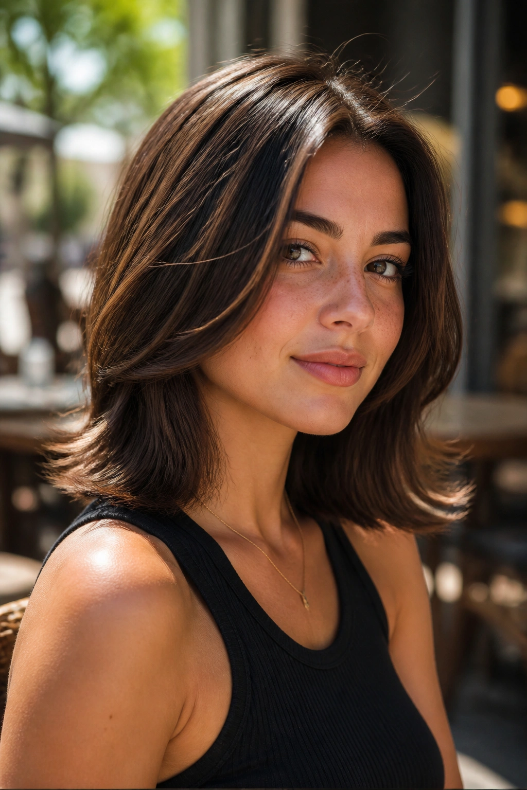 Portrait of a real person with shoulder-length hair and flipped ends, outdoors in daylight