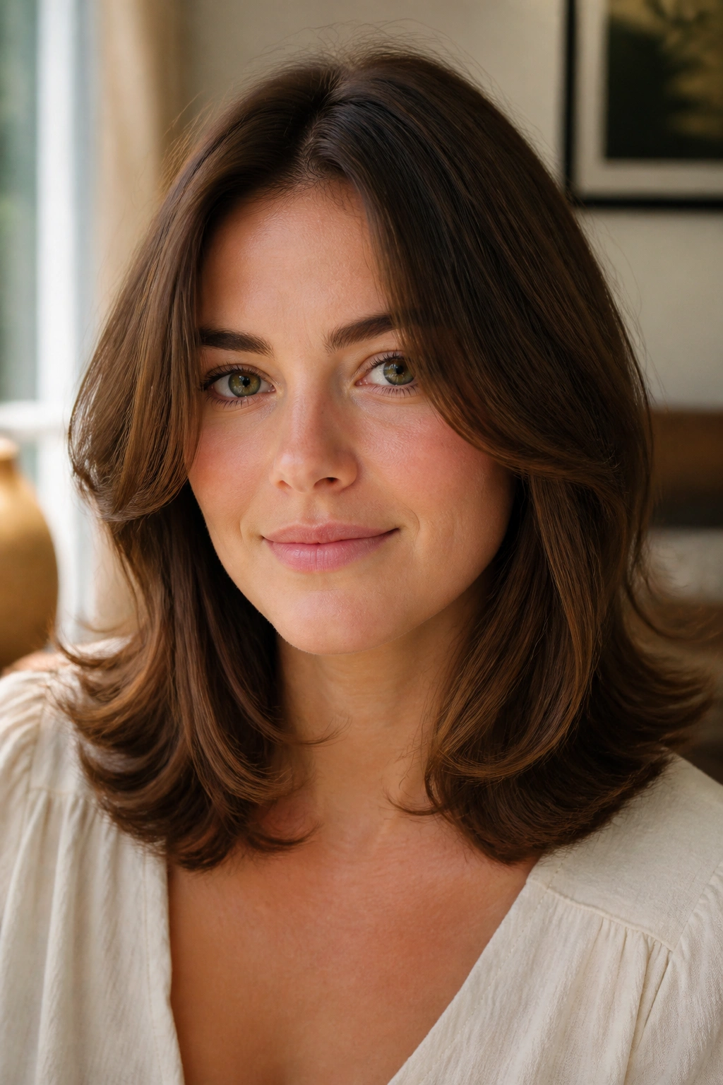 Close-up portrait of a real woman with shoulder-length hair flipped ends in natural window light