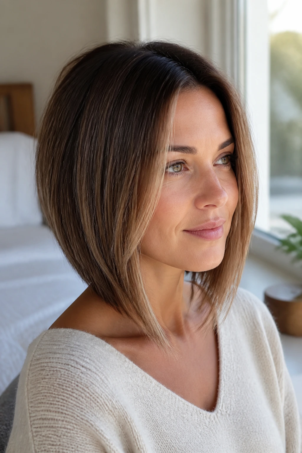 Close-up of a real woman with shoulder-grazing inverted cut and face-framing locks.